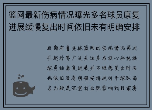 篮网最新伤病情况曝光多名球员康复进展缓慢复出时间依旧未有明确安排