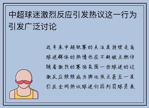 中超球迷激烈反应引发热议这一行为引发广泛讨论
